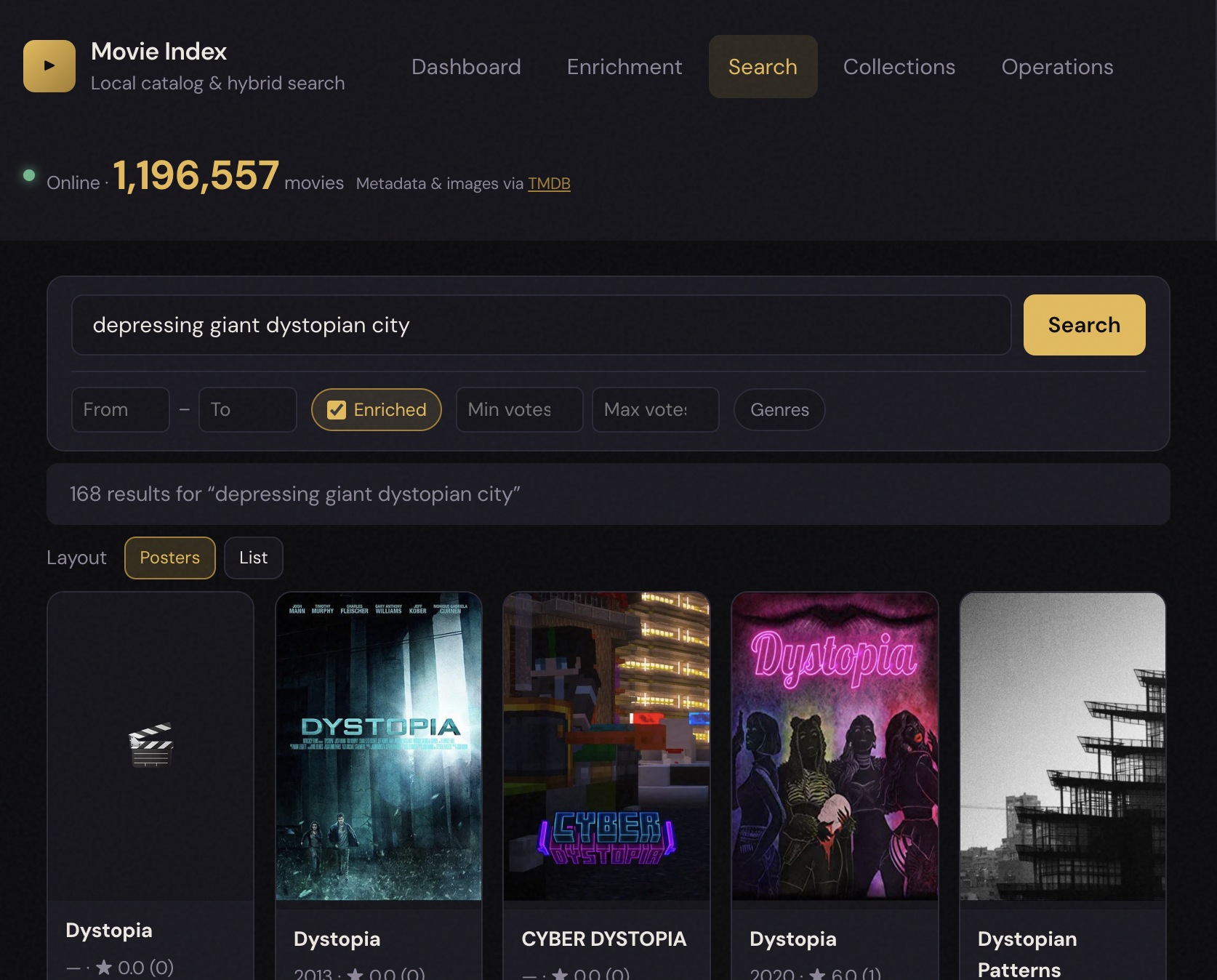 Poster-grid search results for a dystopian mood query