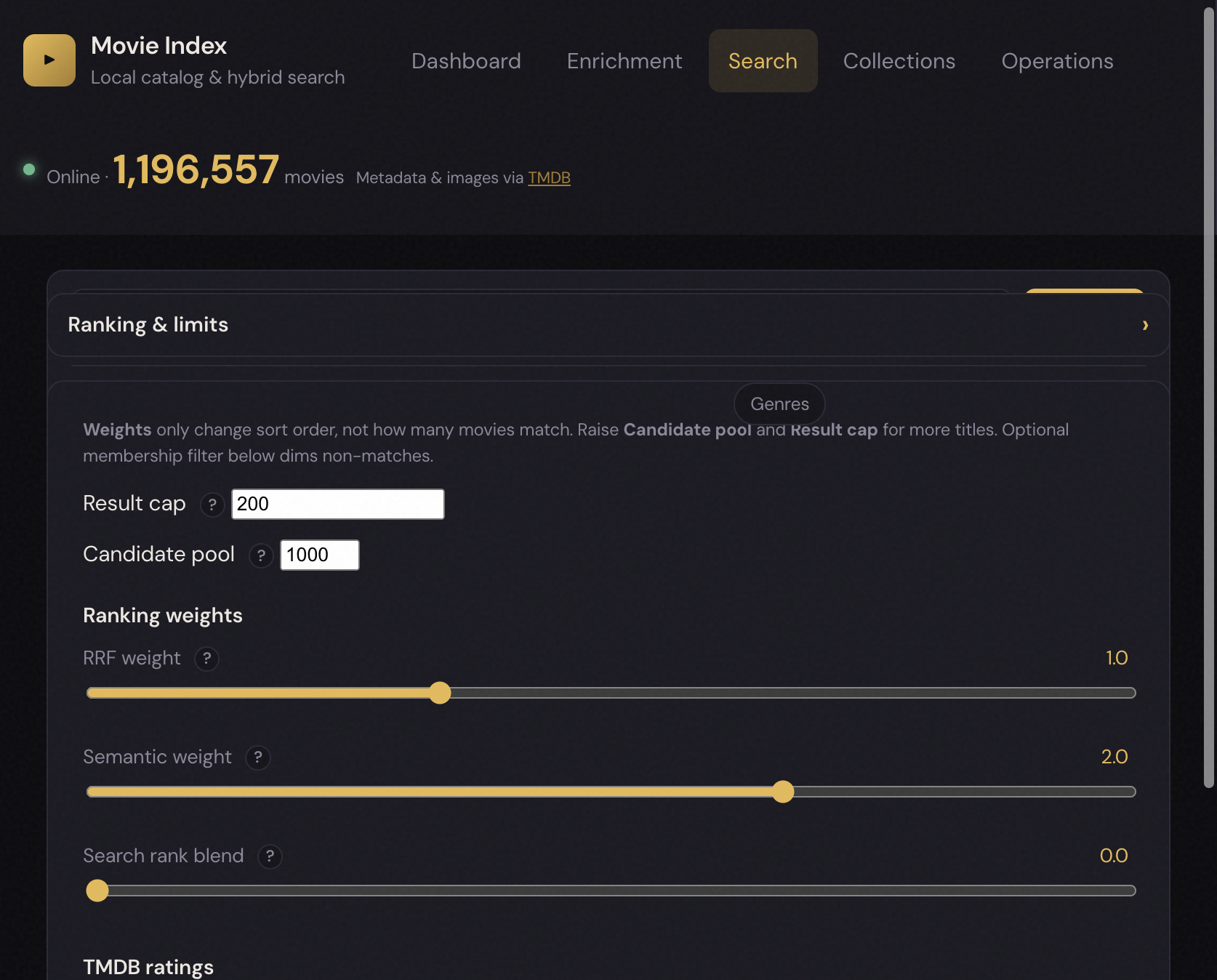 Search sidebar with ranking weight sliders and cutoff options